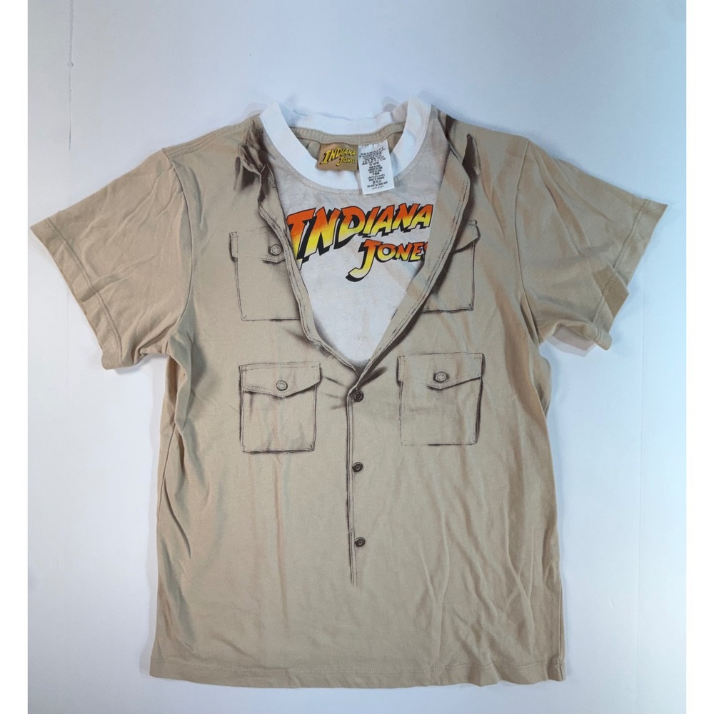 Indiana Jones Graphic T-Shirt Tan Safari Trompe L'oeil Boys XL Mens Small